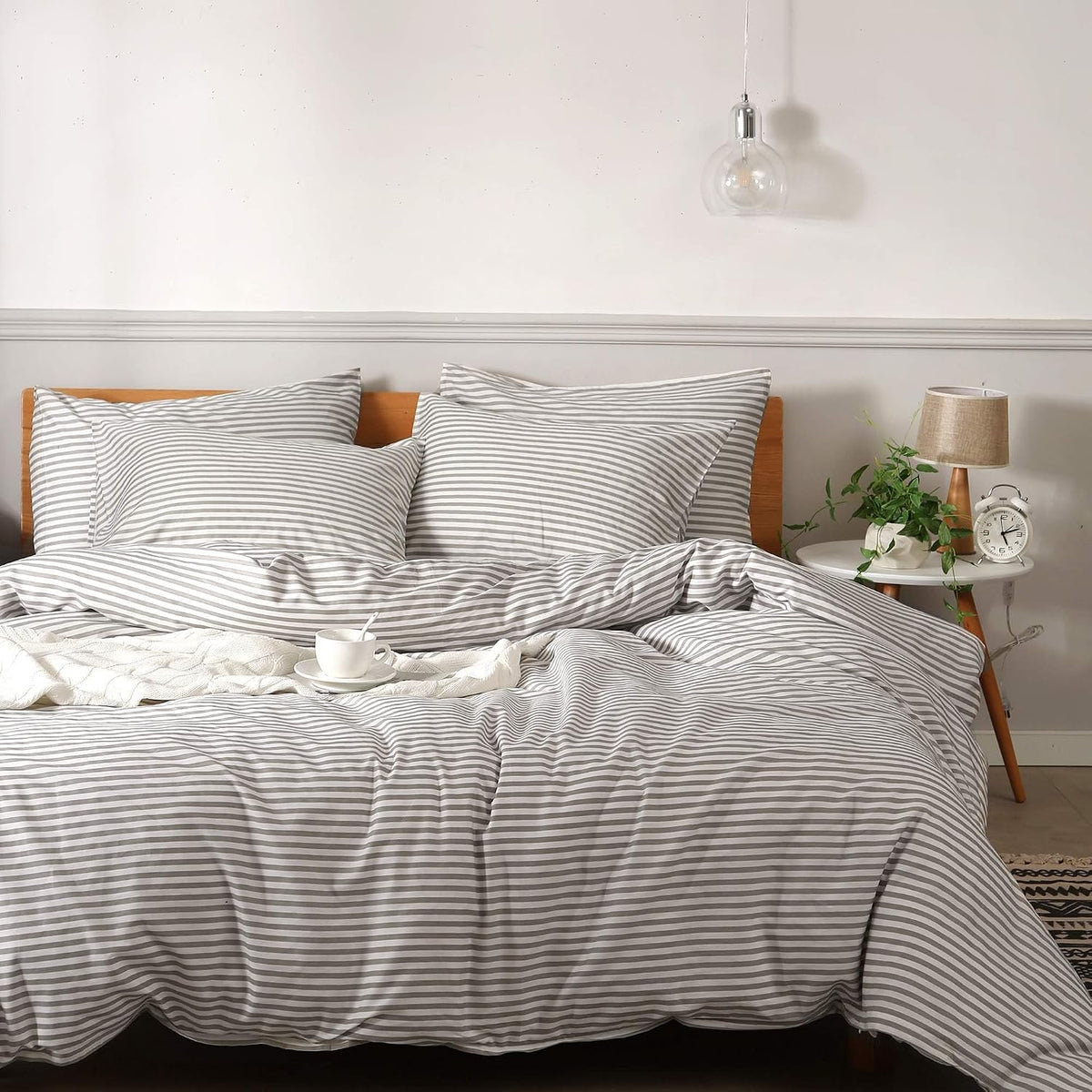 White & Grey Striped Cotton Duvet Cover