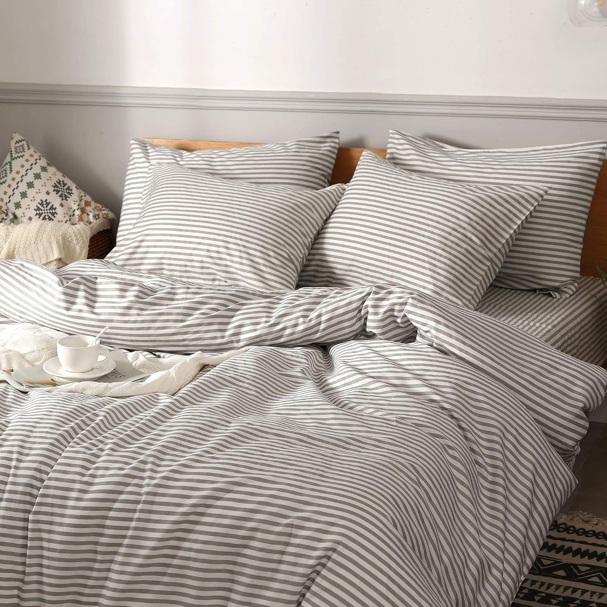 White & Grey Striped Cotton Duvet Cover