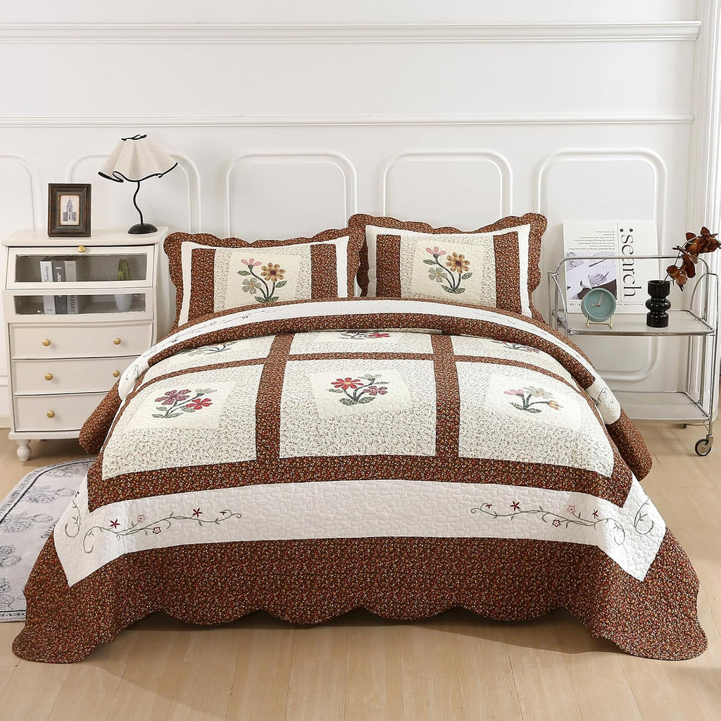 Coffee-Colored Floral Embroidered Pillowcase